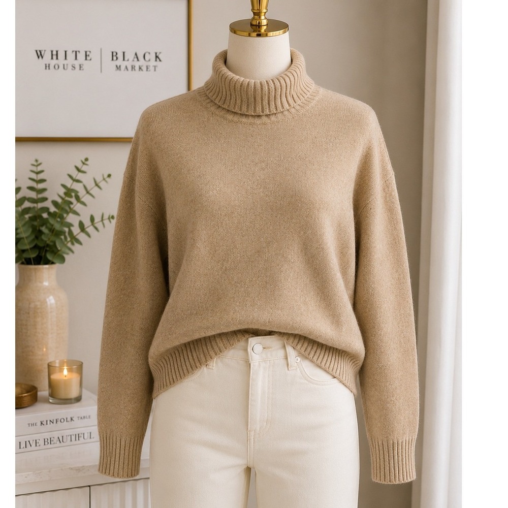 Uniqlo Womens Sweater Tan Beige Wool Blend Turtleneck Souffle Yarn Small